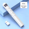 A white presentation pen pointer device with a digital display and a remote is shown on a light blue background.