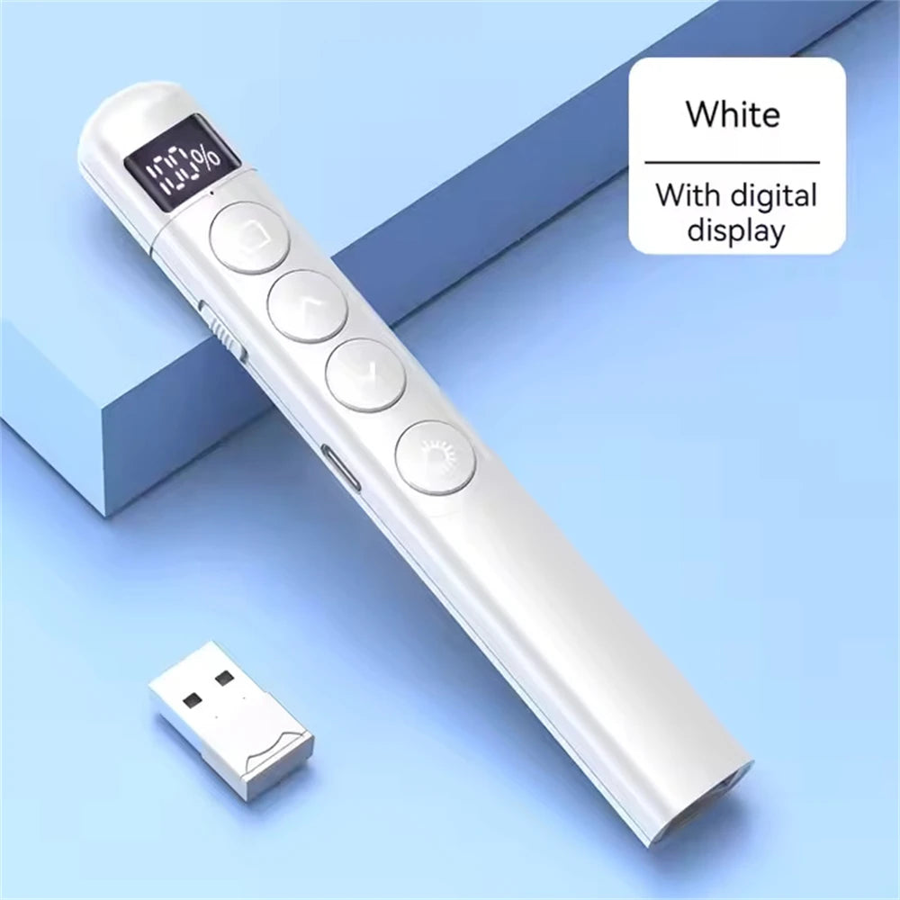 A white presentation pen pointer device with a digital display and a remote is shown on a light blue background.