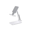 A silver universal adjustable desk mount for holding phones and tablets.