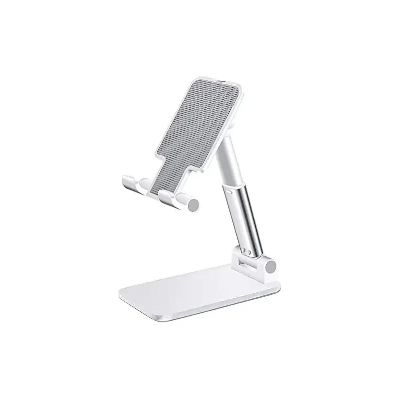 A silver universal adjustable desk mount for holding phones and tablets.