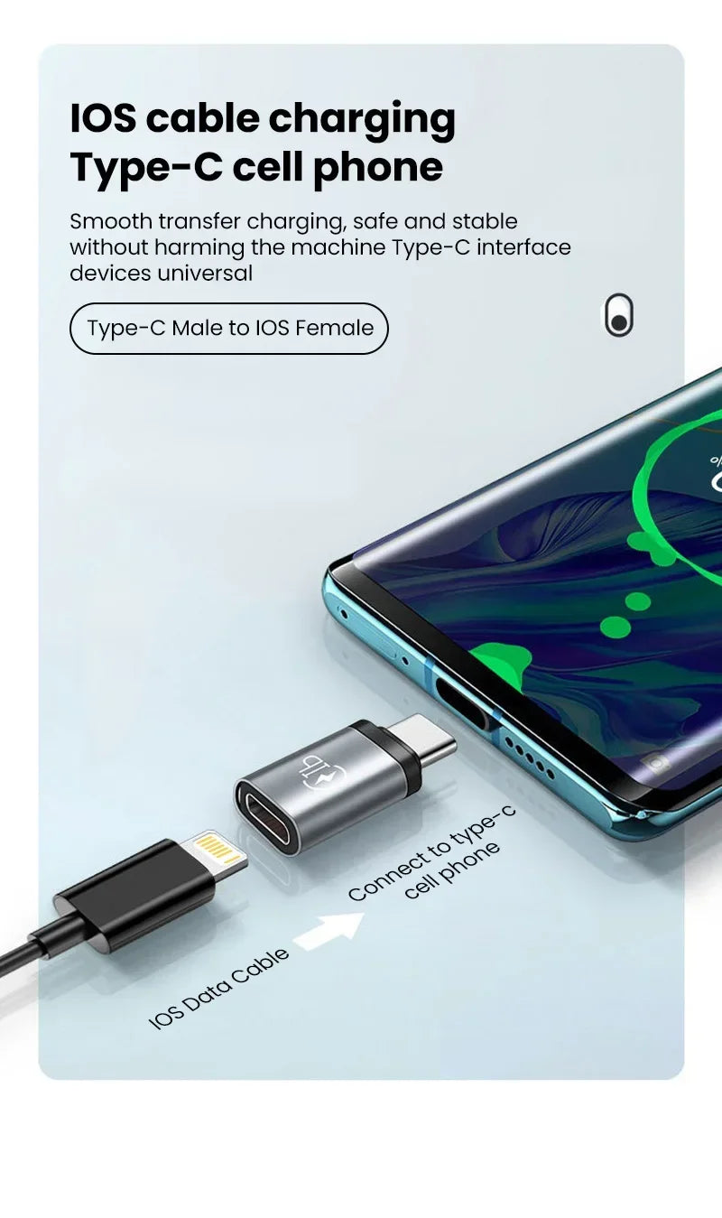Ein USB-C-Adapter verbindet ein iOS-Mobiltelefon mit einem Gerät für Aufladen und Datenübertragung.