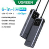 A black UGREEN 6-in-1 hub featuring HDMI, USB 3.2 Gen 2, and PD charging ports.