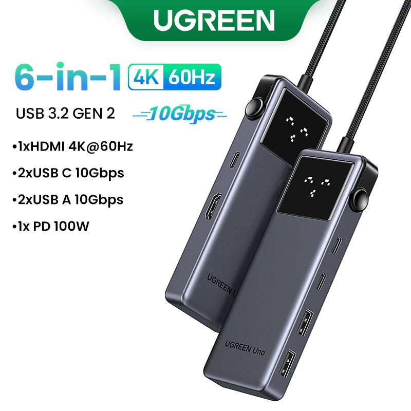 A black UGREEN 6-in-1 hub featuring HDMI, USB 3.2 Gen 2, and PD charging ports.