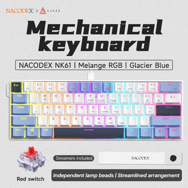 NACODEX NK61 mechanical keyboard in Melange RGB and Glacier Blue colors with red switches