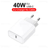 A white EU USB-C charger adapter with a cable connector is shown.