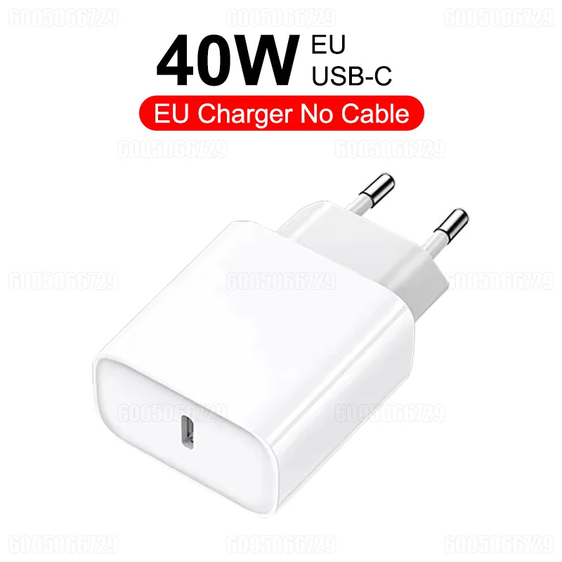 A white EU USB-C charger adapter with a cable connector is shown.