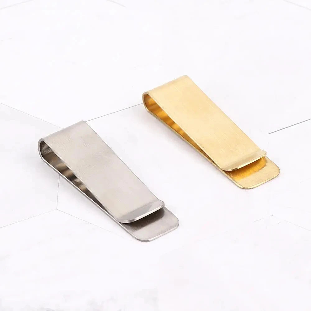 A vintage solid brass money clip with a card holder shown in a horizontal layout.