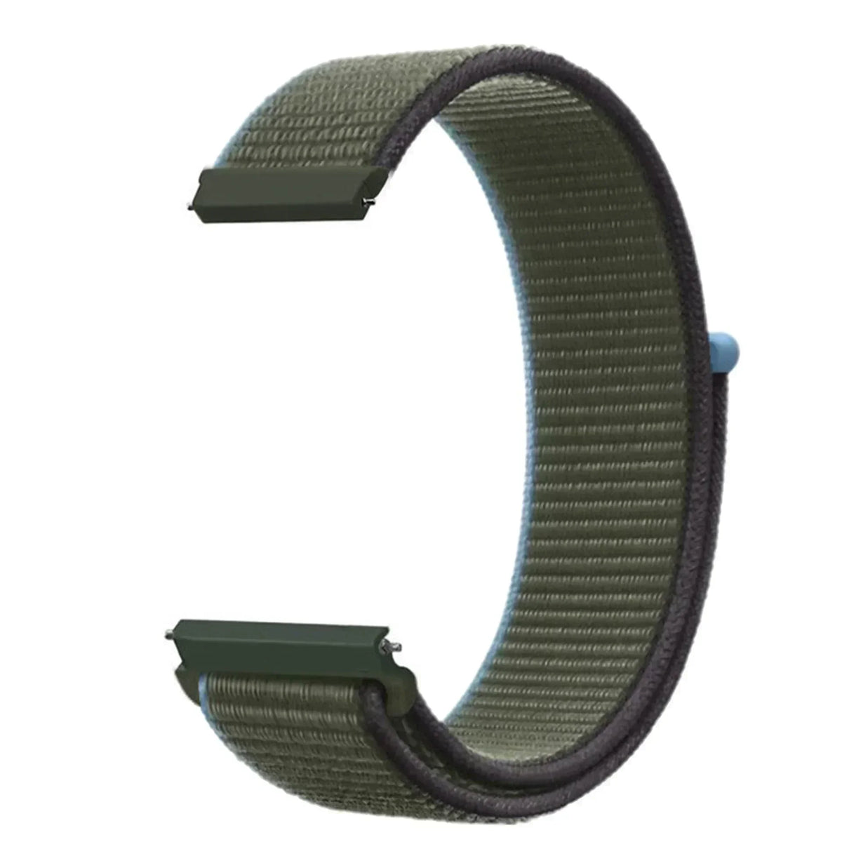 A close-up view of a dark green nylon loop watch strap for a child's watch.