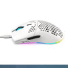 A white gaming mouse with blue accents and RGB lighting is shown on a surface.