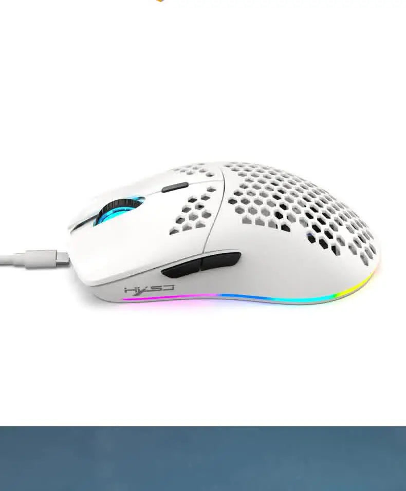 A white gaming mouse with blue accents and RGB lighting is shown on a surface.