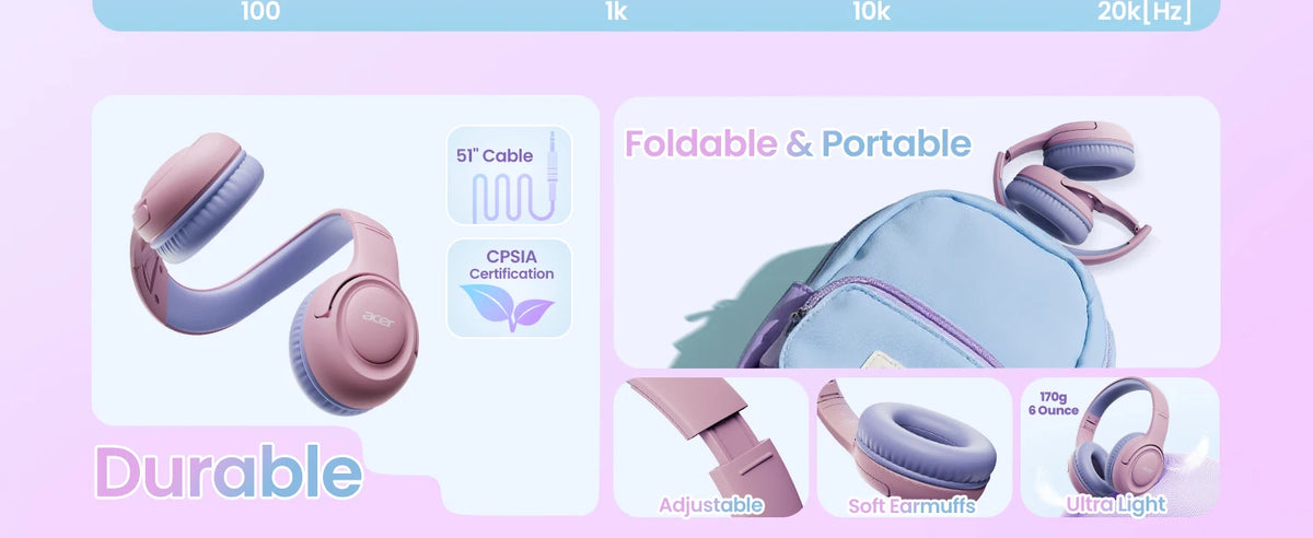 Pink and purple foldable portable headphones with soft eartips and adjustable design