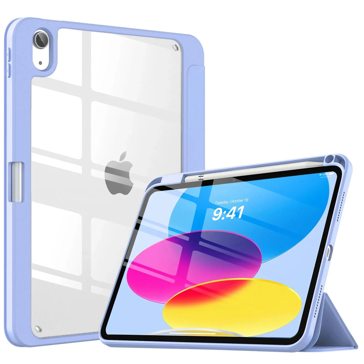 A light blue premium hybrid case for an iPad 10th generation tablet is shown next to the device.