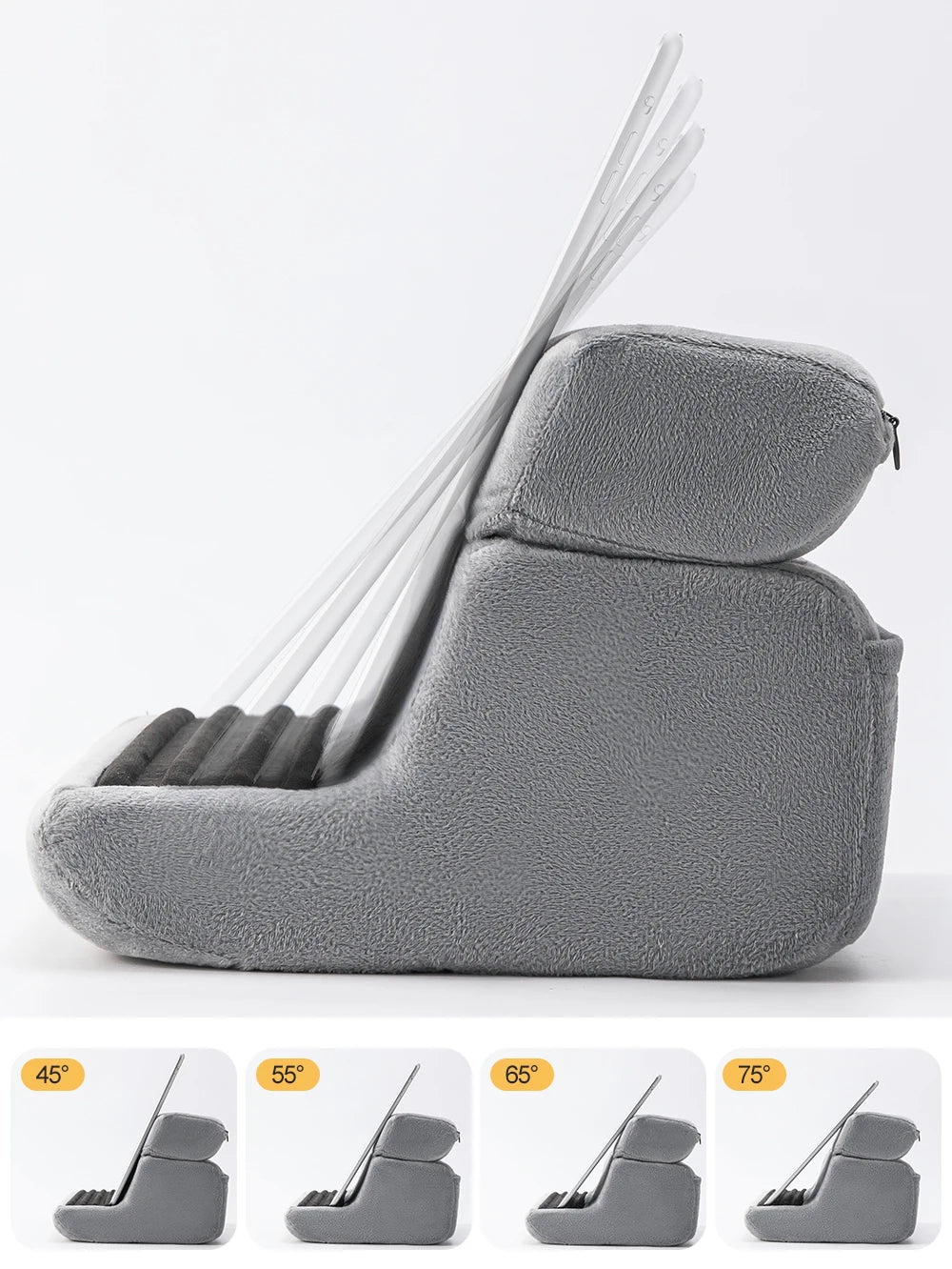 A gray multi-angle tablet and phone stand with multiple adjustable arms shown in various angles.