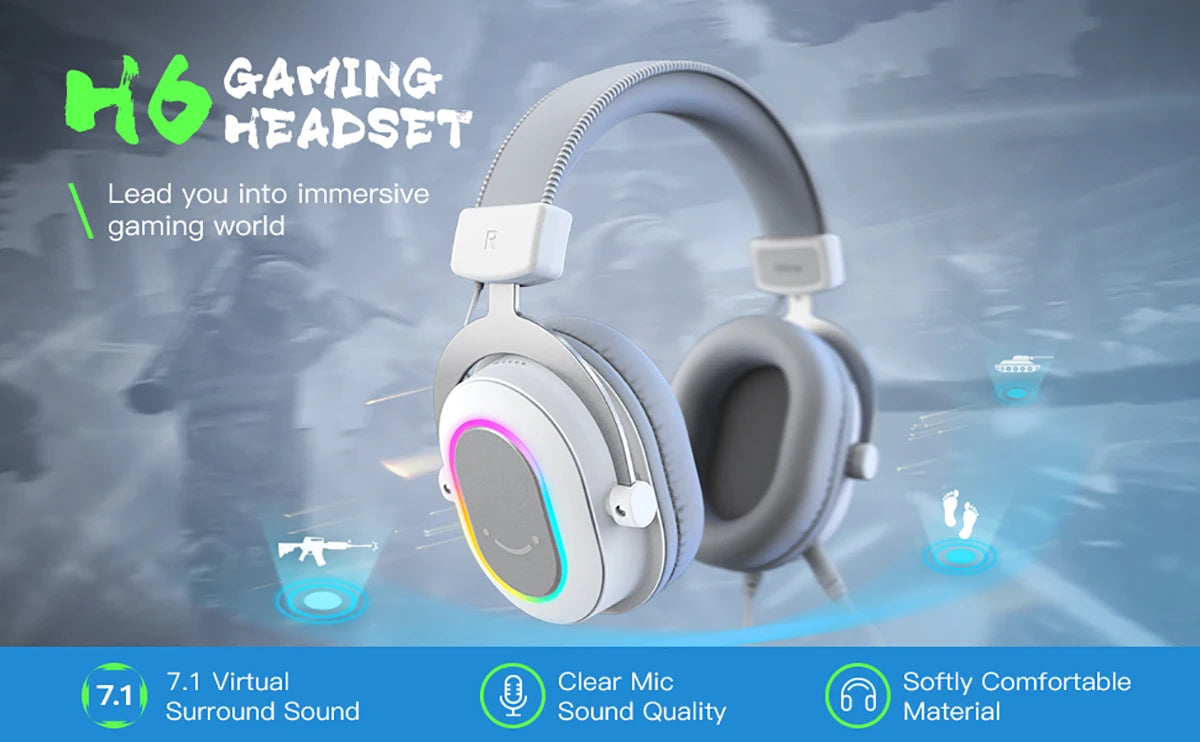 A gray FIFINE RGB gaming headset is shown with features like 7.1 Virtual Surround Sound, clear mic quality, and soft comforta