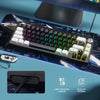 A close-up view of a compact 68-key RGB backlit wired keyboard with various keys and a mouse on a blue background.