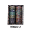 A set of five rolled vintage floral washi tapes displayed in a dark wooden box.
