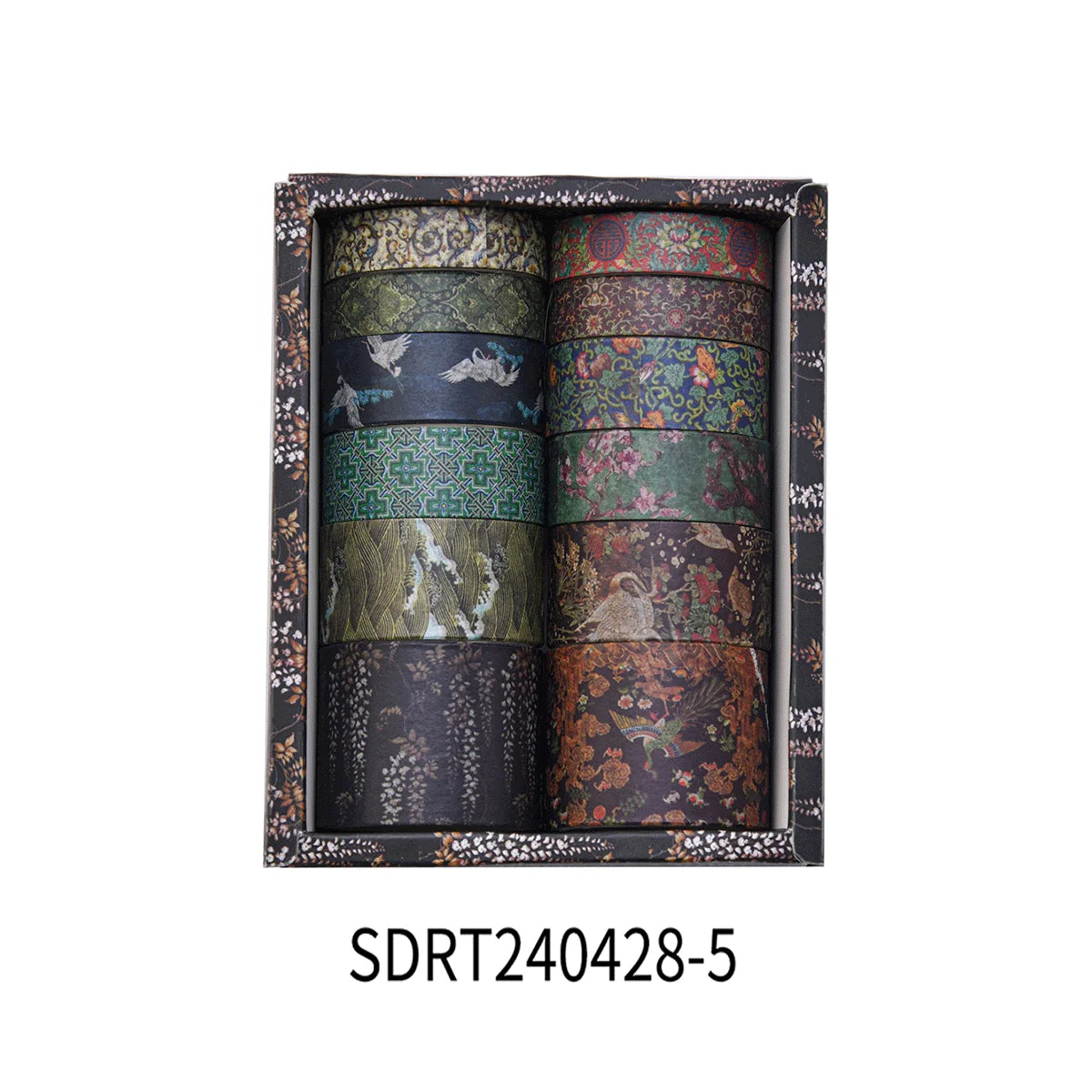 A set of five rolled vintage floral washi tapes displayed in a dark wooden box.