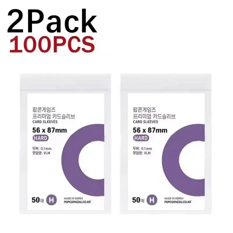 A pack of 2 transparent protective card sleeves, each containing 100 pieces.