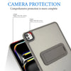A matte protective case is shown covering an iPad Pro, highlighting camera and screen protection features.