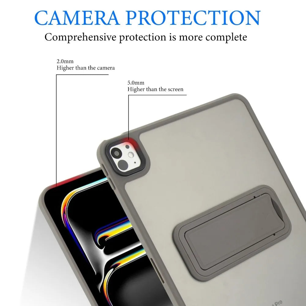 A matte protective case is shown covering an iPad Pro, highlighting camera and screen protection features.