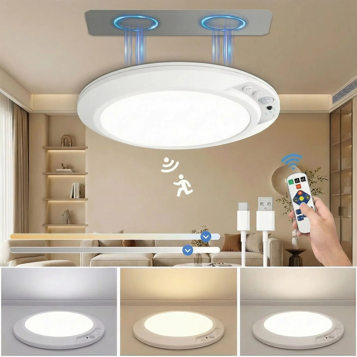 A motion sensor magnetic LED night light is shown in various forms, including a ceiling mount and standalone pucks.