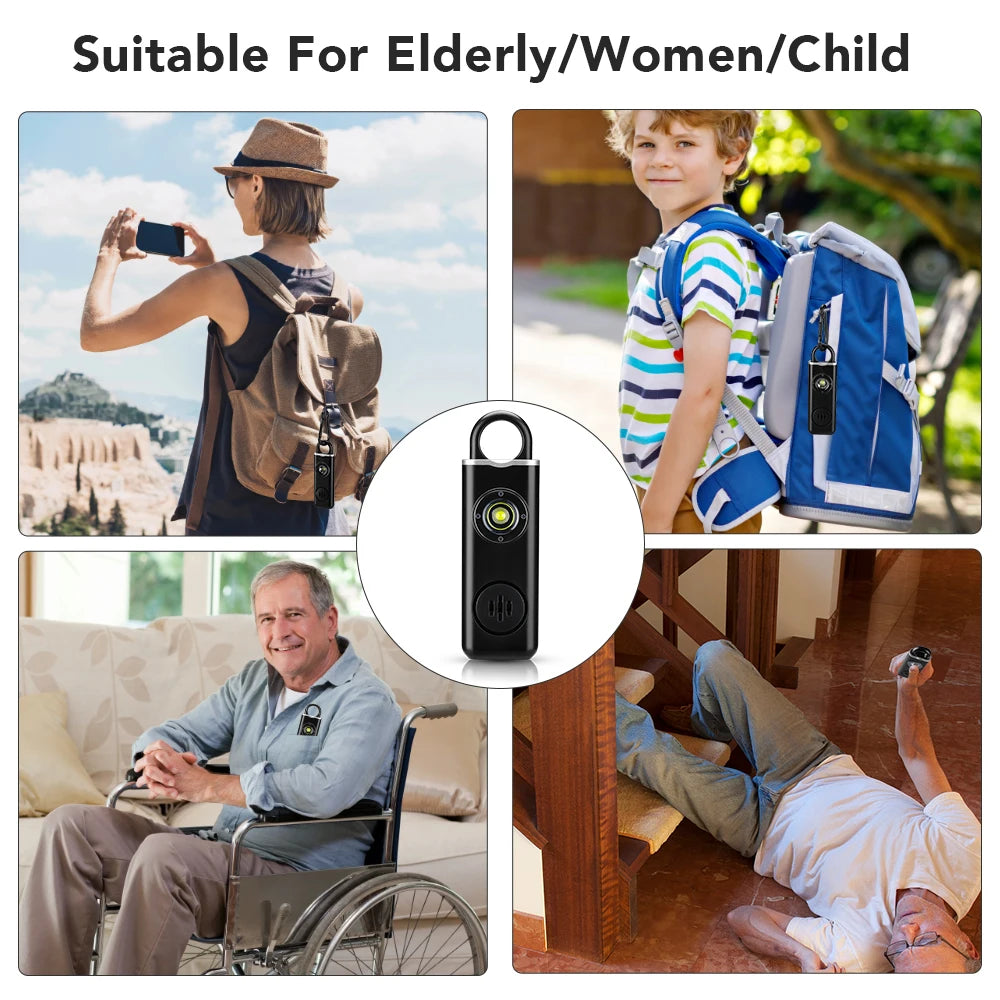 A personal safety alarm device is shown in various contexts, including a woman, a child, and an elderly man.