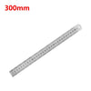 A stainless steel measuring ruler marked in millimeters, showing a 300mm scale.