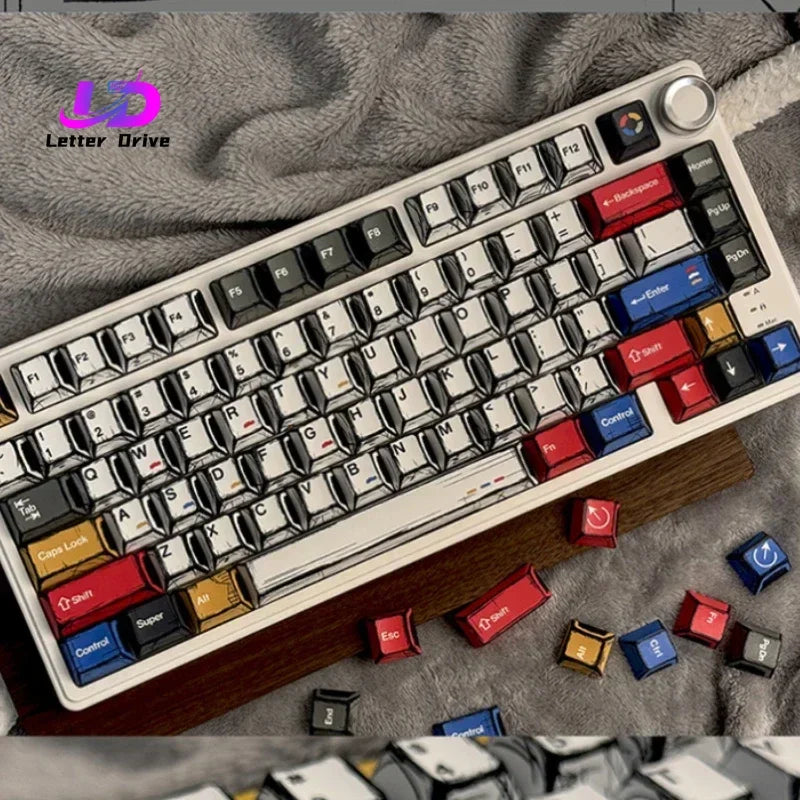A close-up view of a custom mechanical keyboard with black keycaps and various colored switches resting on a wooden surface.