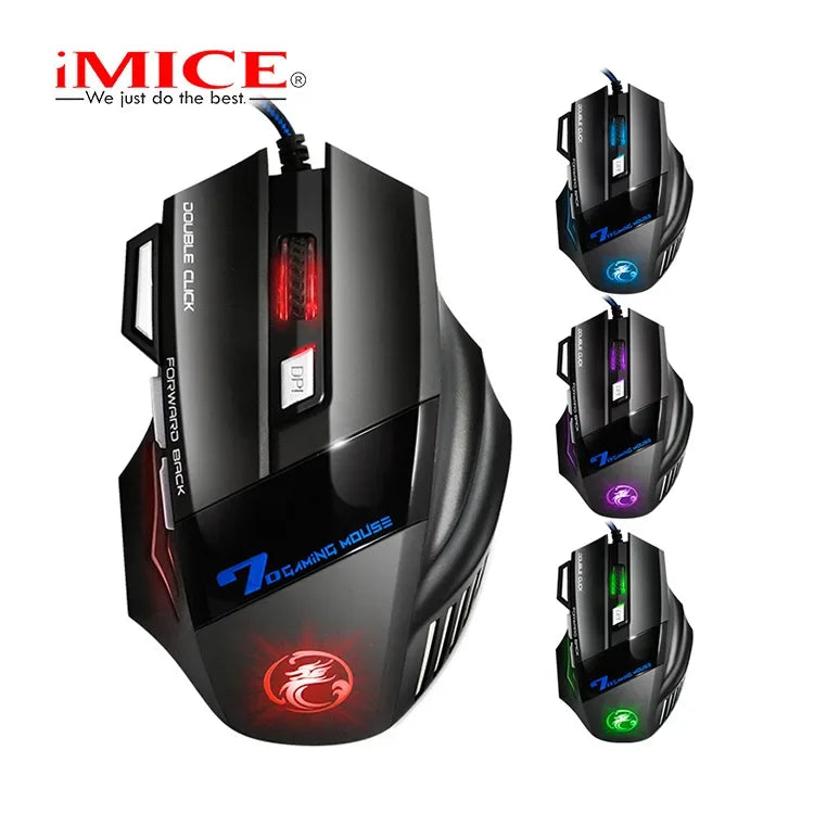 A black iMICE gaming mouse with a double click feature shown from the top and side angles.