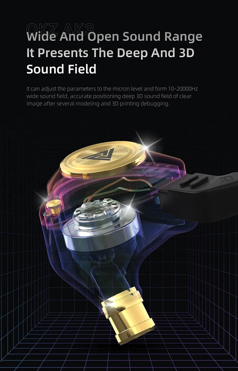 A pair of gold and silver wired earphones with a microphone are displayed against a dark, grid background.
