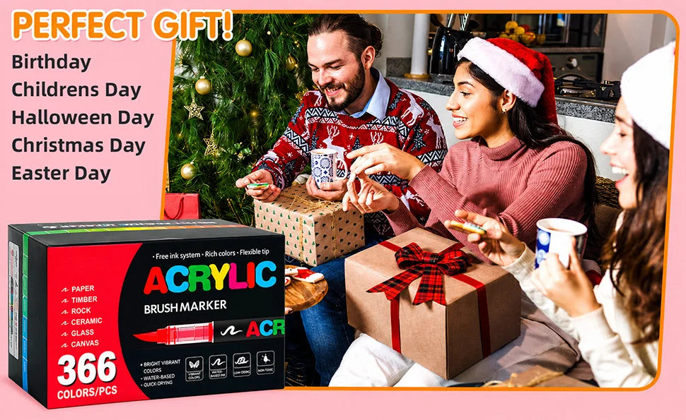 Una caja de 366 colores de marcadores y lápices de acrílico en un ambiente festivo de regalo.