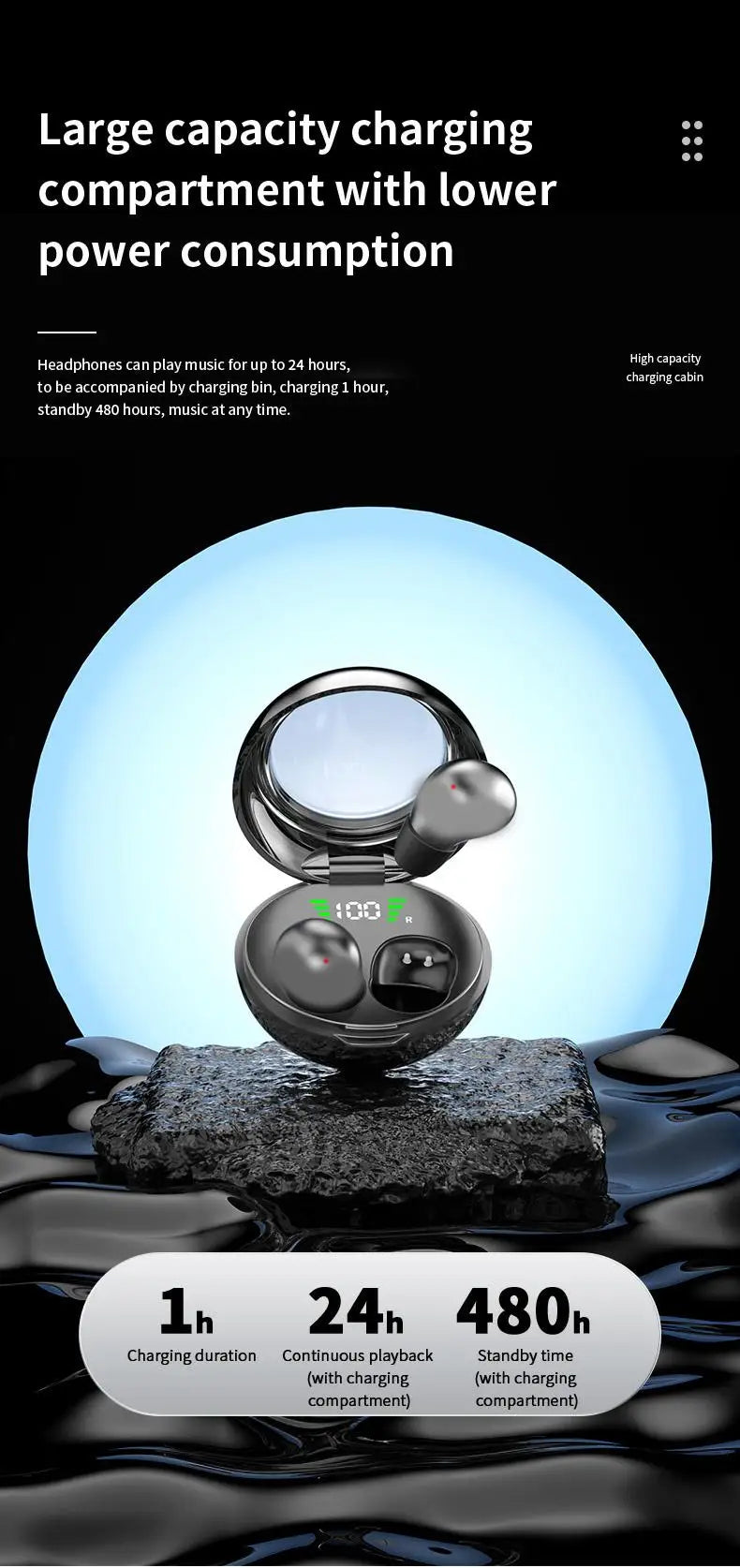 A close-up view of a small wireless Bluetooth earbud resting on a dark surface.