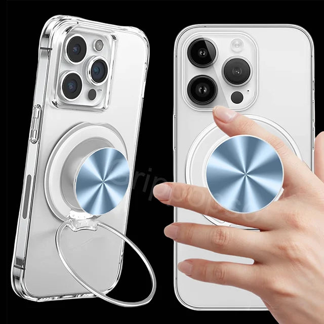 A hand holds a clear magnetic phone ring holder and stand with a universal adapter, demonstrating its use.