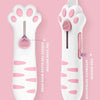 A white cat paw shaped retractable utility knife with a pink blade and an automatic retraction feature.