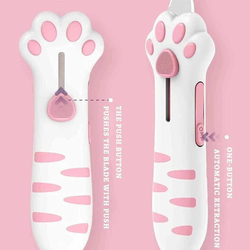 A white cat paw shaped retractable utility knife with a pink blade and an automatic retraction feature.