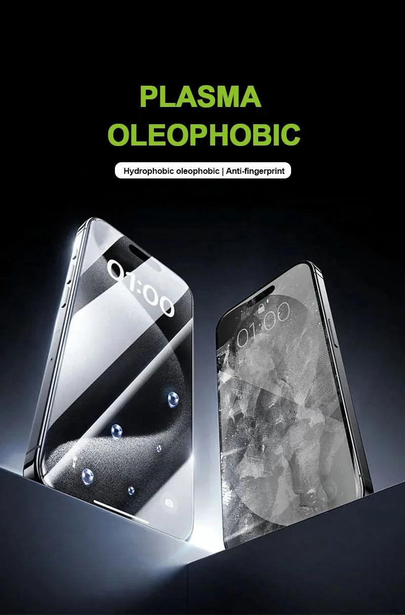 Primer plano de un juego de protectores triples para iPhone mostrando el recubrimiento oleofóbico anti-huellas.