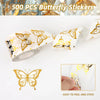 500 pieces of golden butterfly stickers shown on a white background with a hand demonstrating how to peel and stick them