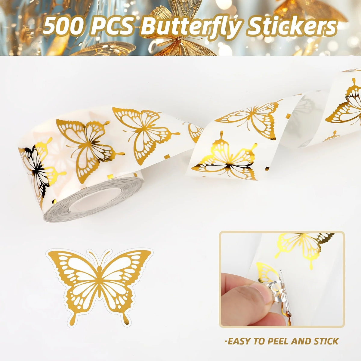 500 pieces of golden butterfly stickers shown with a hand demonstrating how to peel and stick them