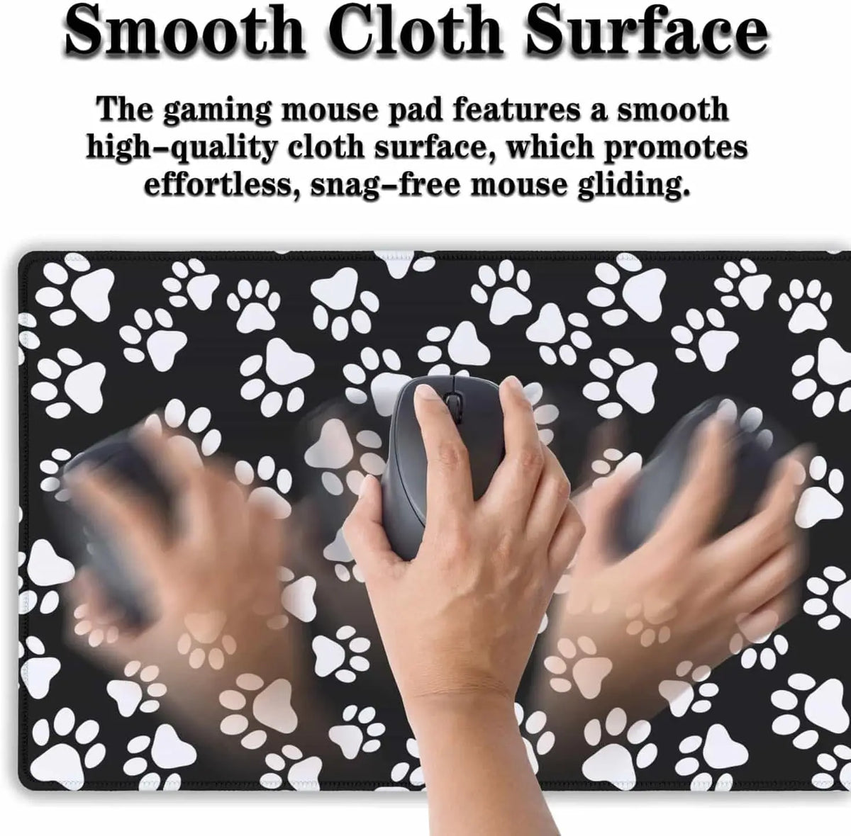 A hand is using a black mouse on a black desk mat featuring white paw prints.
