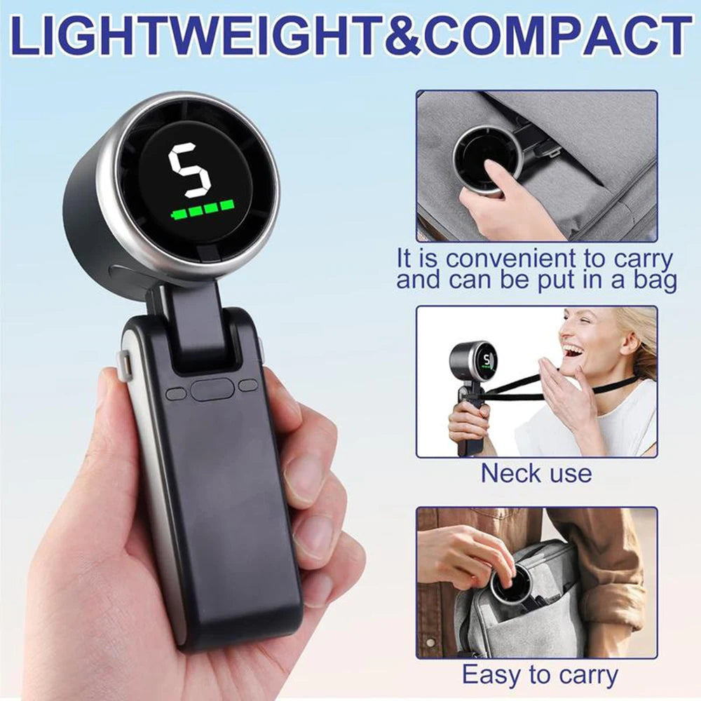 Ventilador portátil de mano con pantalla digital, mostrando su diseño ligero y compacto para un uso fácil