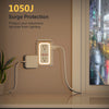A white surge protection power strip with multiple outlets and USB ports plugged into a wall socket.