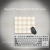 A beige plaid pattern mouse pad is shown next to a white keyboard, with dimensions provided.