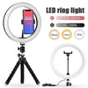 A white LED ring light with a smartphone mockup is shown on a tripod, featuring adjustable color temperature settings.