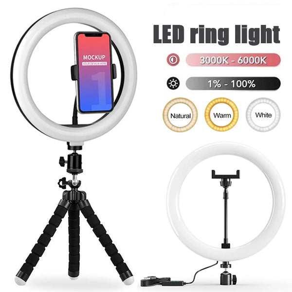 A white LED ring light with a smartphone mockup is shown on a tripod, featuring adjustable color temperature settings.