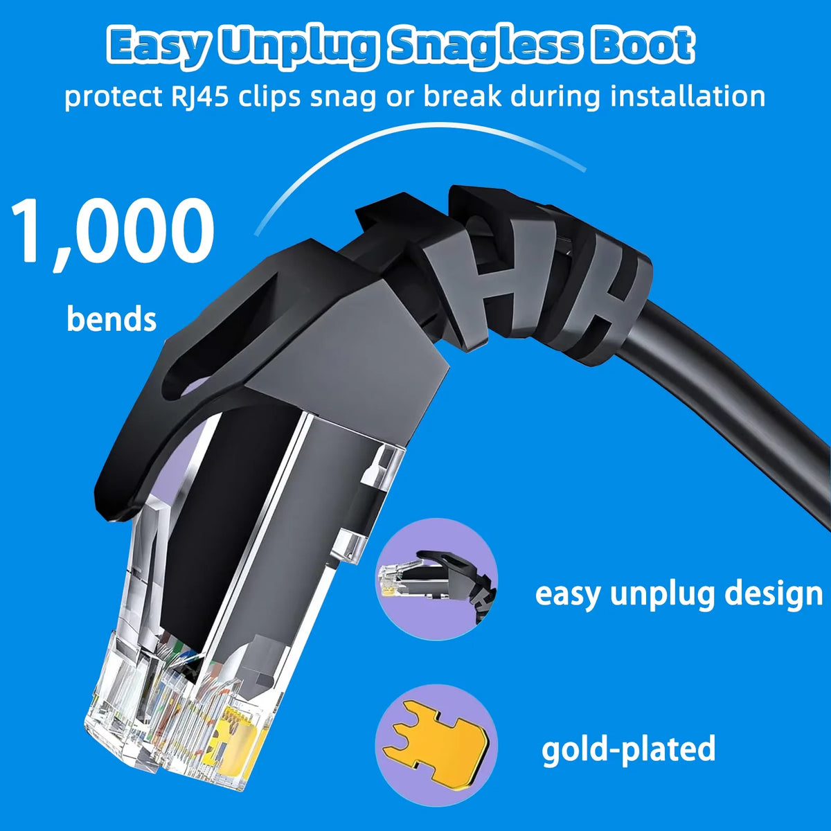Nahaufnahme eines schwarzen, nicht abnehmbaren Steckless-Stiefels zum Schutz von RJ45-Klipsen bei der Installation.