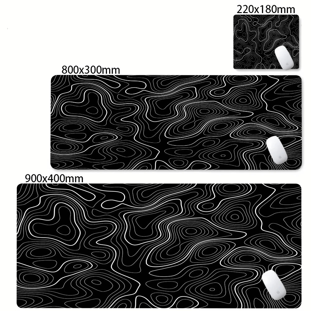 Black abstract desk mat with white contour lines for gaming and office use