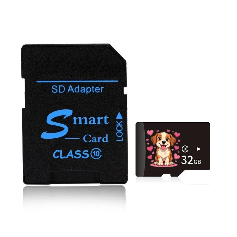 A black SD adapter card with a blue label indicating Smart Card Class 10 and 32GB capacity.