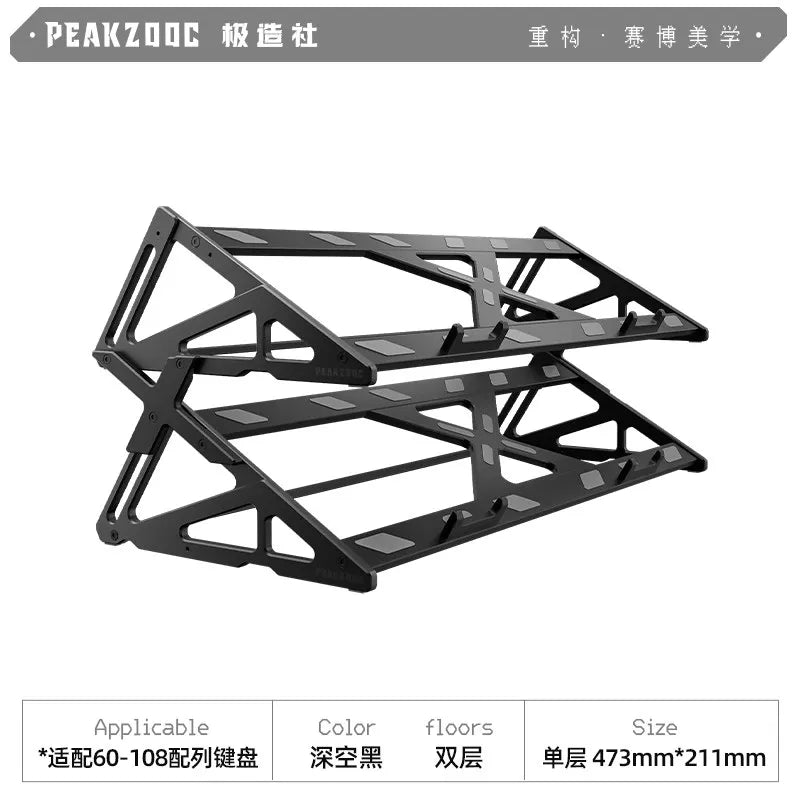 Black metal keyboard display stand with a sturdy frame for mechanical keyboards