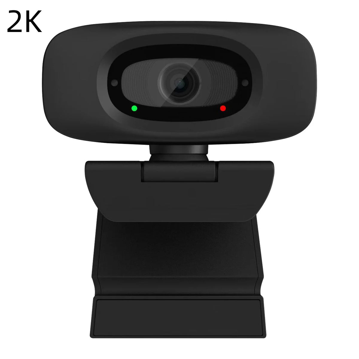 A black 2K web camera with an autofocus lens and indicator lights.