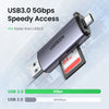 Un disco USB UGREEN plateado de 64GB, destacando su velocidad de 5Gbps.